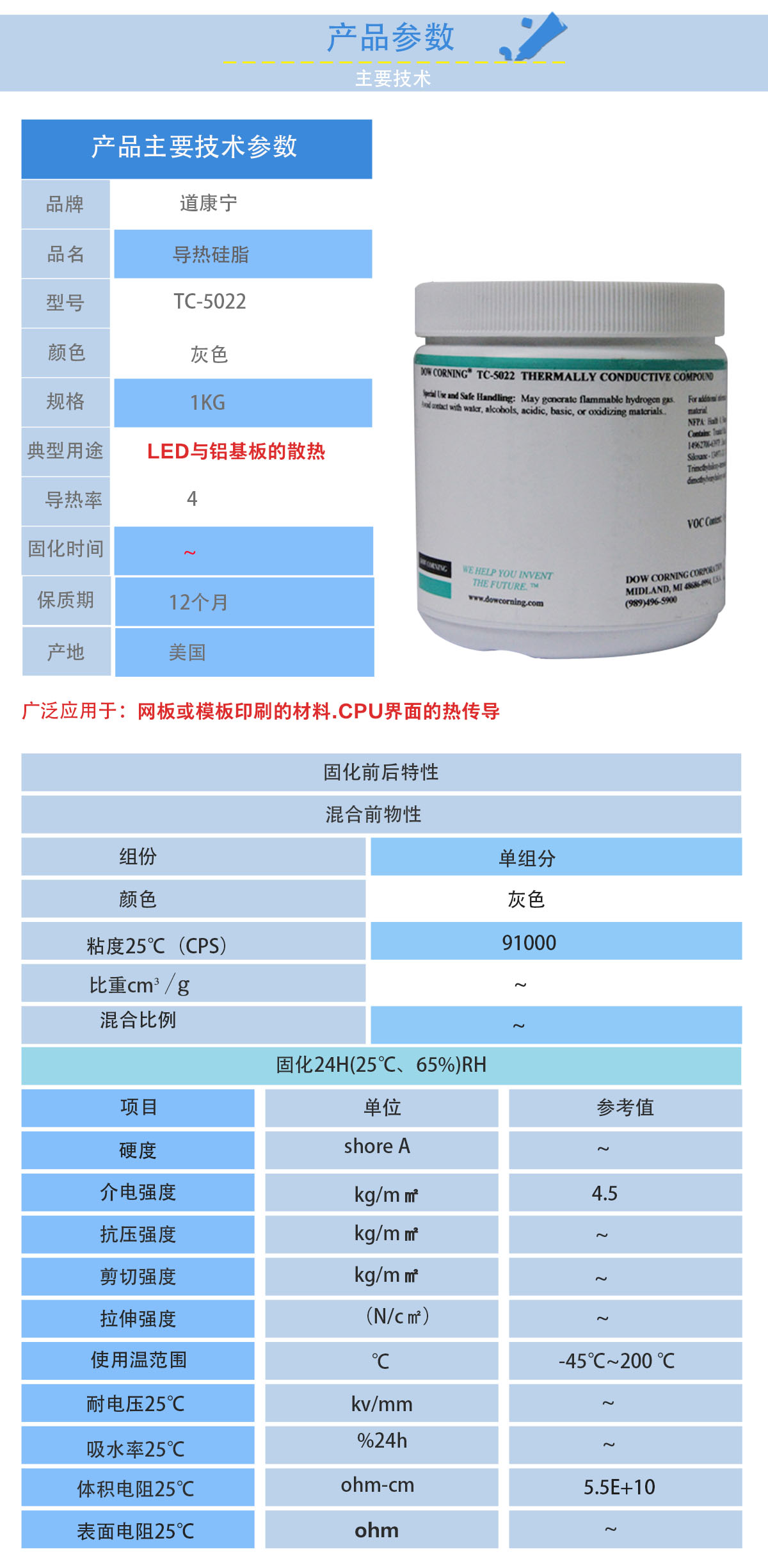 道康寧TC-5022導(dǎo)熱硅脂的性能參數(shù)
